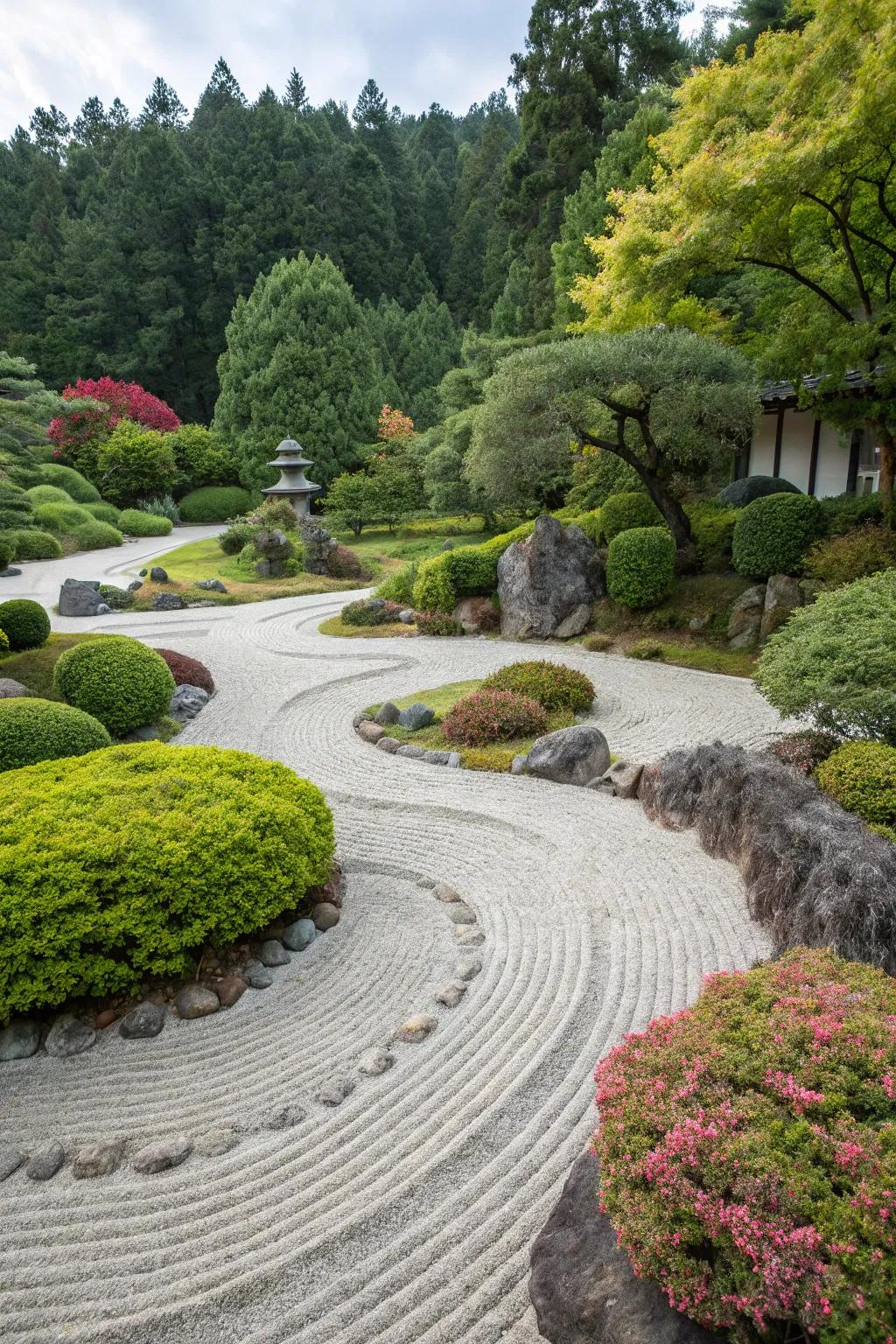 A peaceful Zen garden with meticulously raked gravel.