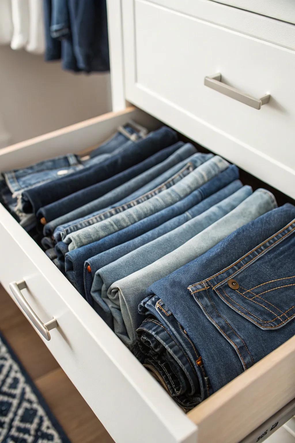 File your jeans upright in drawers for straightforward access.
