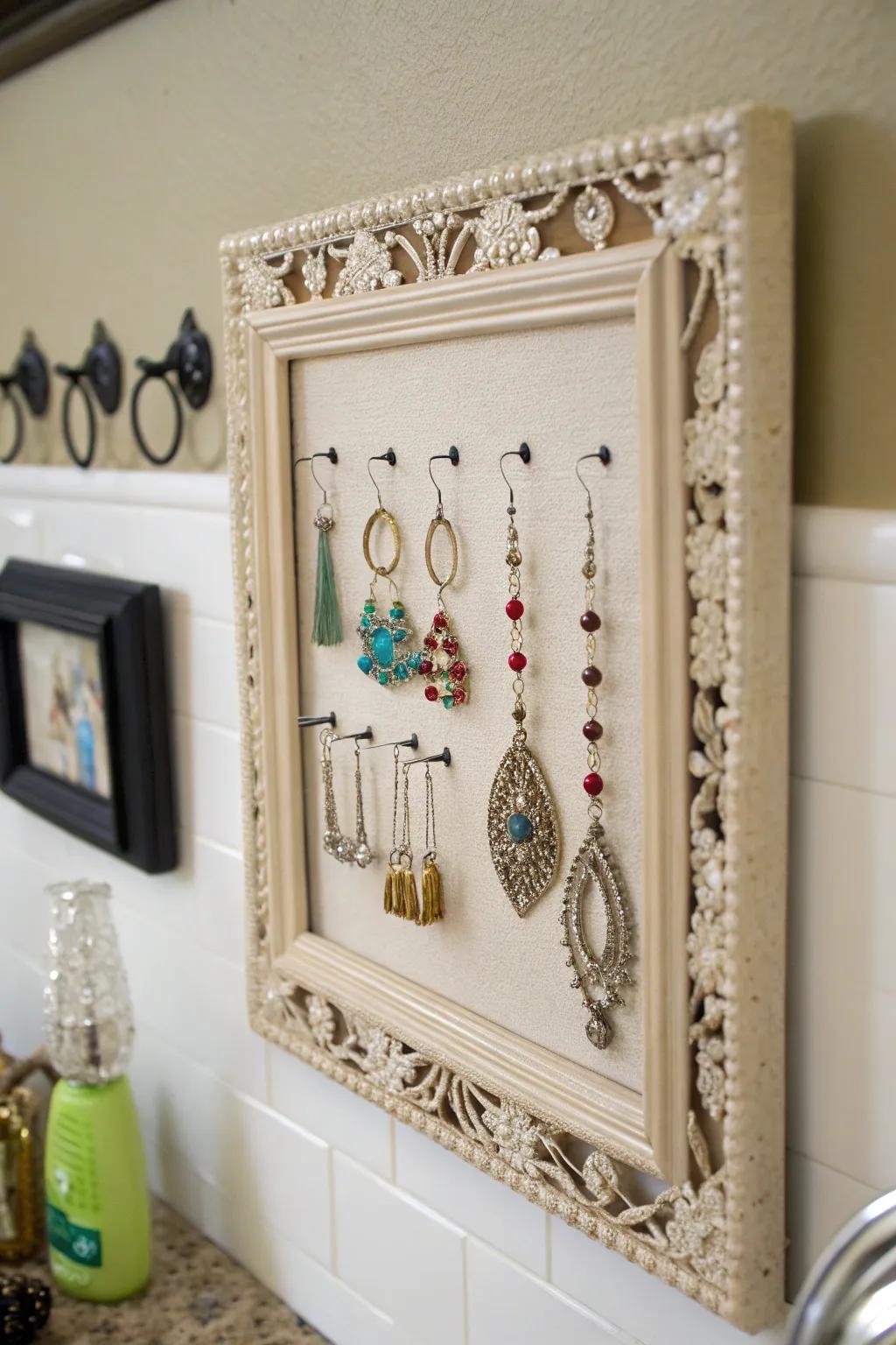 A picture frame repurposed into an earring display