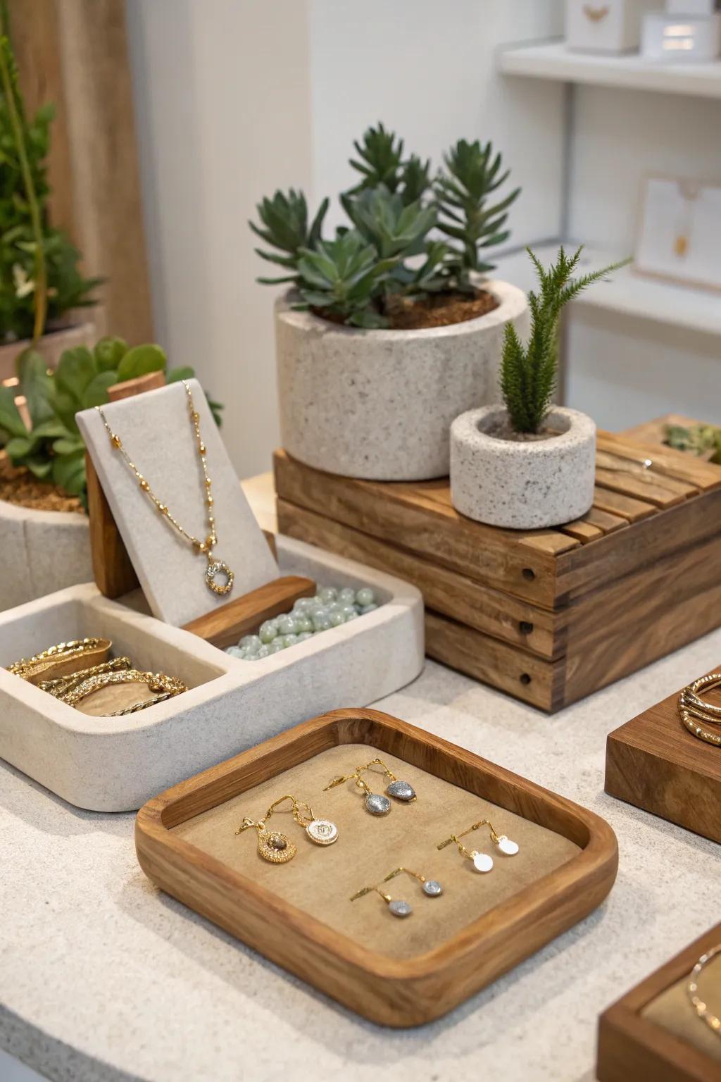 Natural elements provide warmth to jewelry displays.