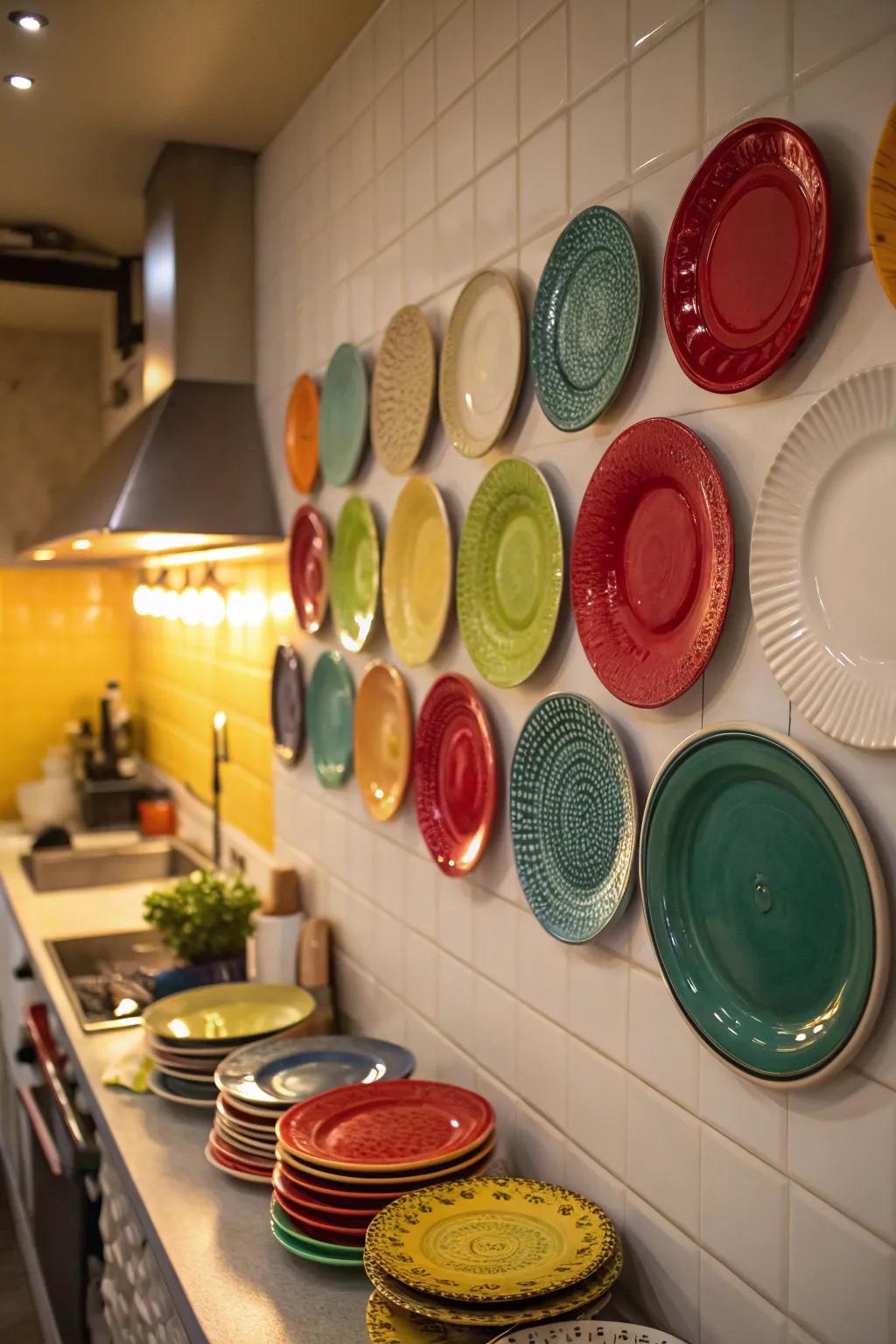 An artistic array of plates provides a lively, colorful accent to your cooking area.