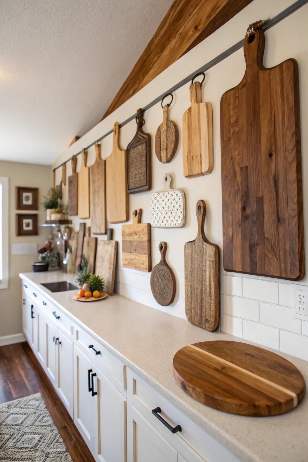 A wall feature of chopping surfaces creates a striking artistic element in the kitchen.