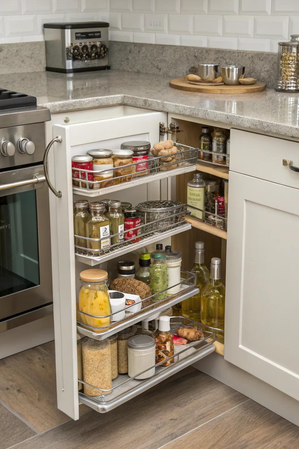 Rotating pull-outs allow easy access to deep corner cabinets.