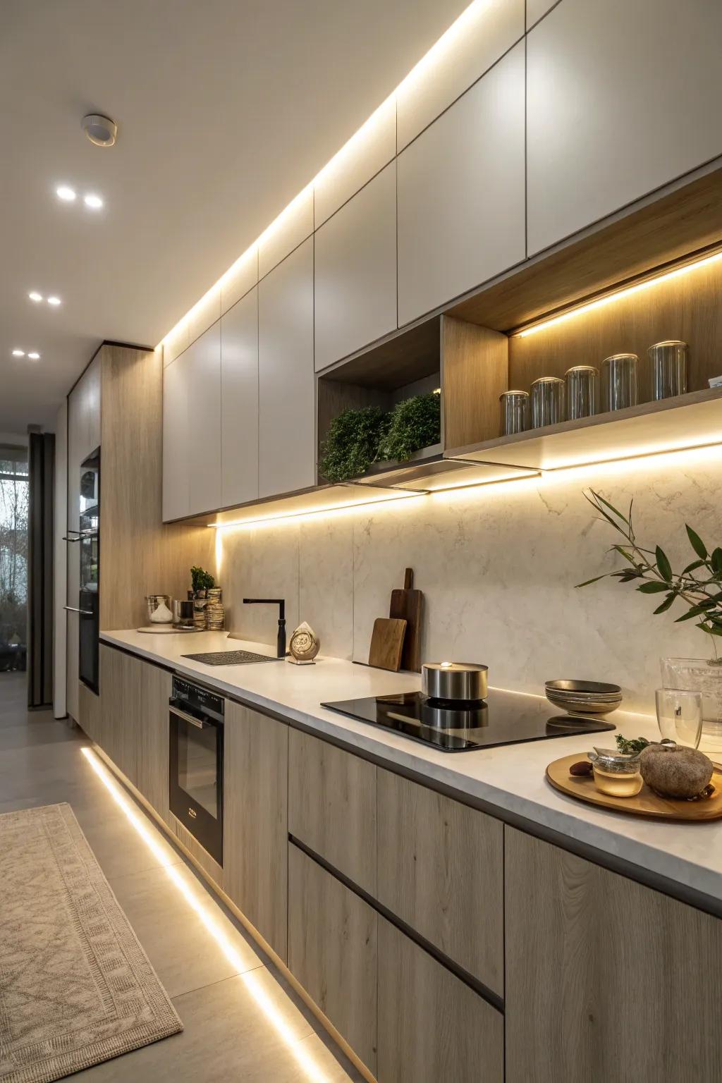 Under-cabinet lighting masterfully blends functionality with a cozy ambiance.