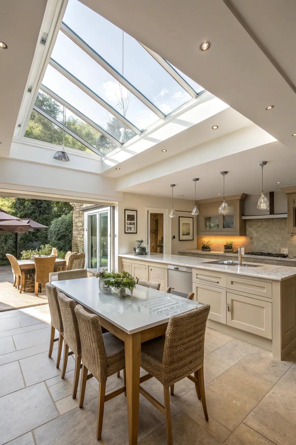 A kitchen island dining table saturated in natural illumination.