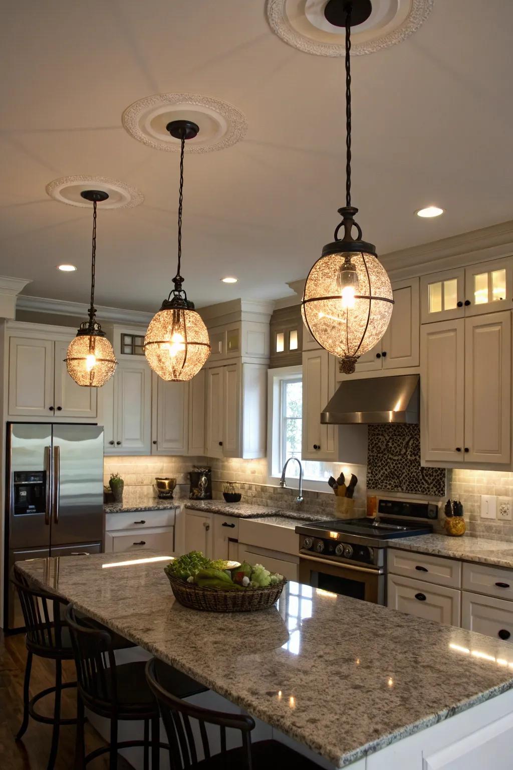 Grouped hanging lights add layers and interest to the kitchen.