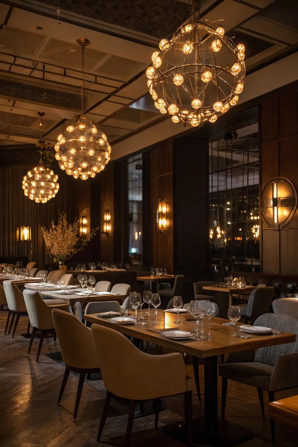 Clustered lights introduce drama and sophistication to this dining space.