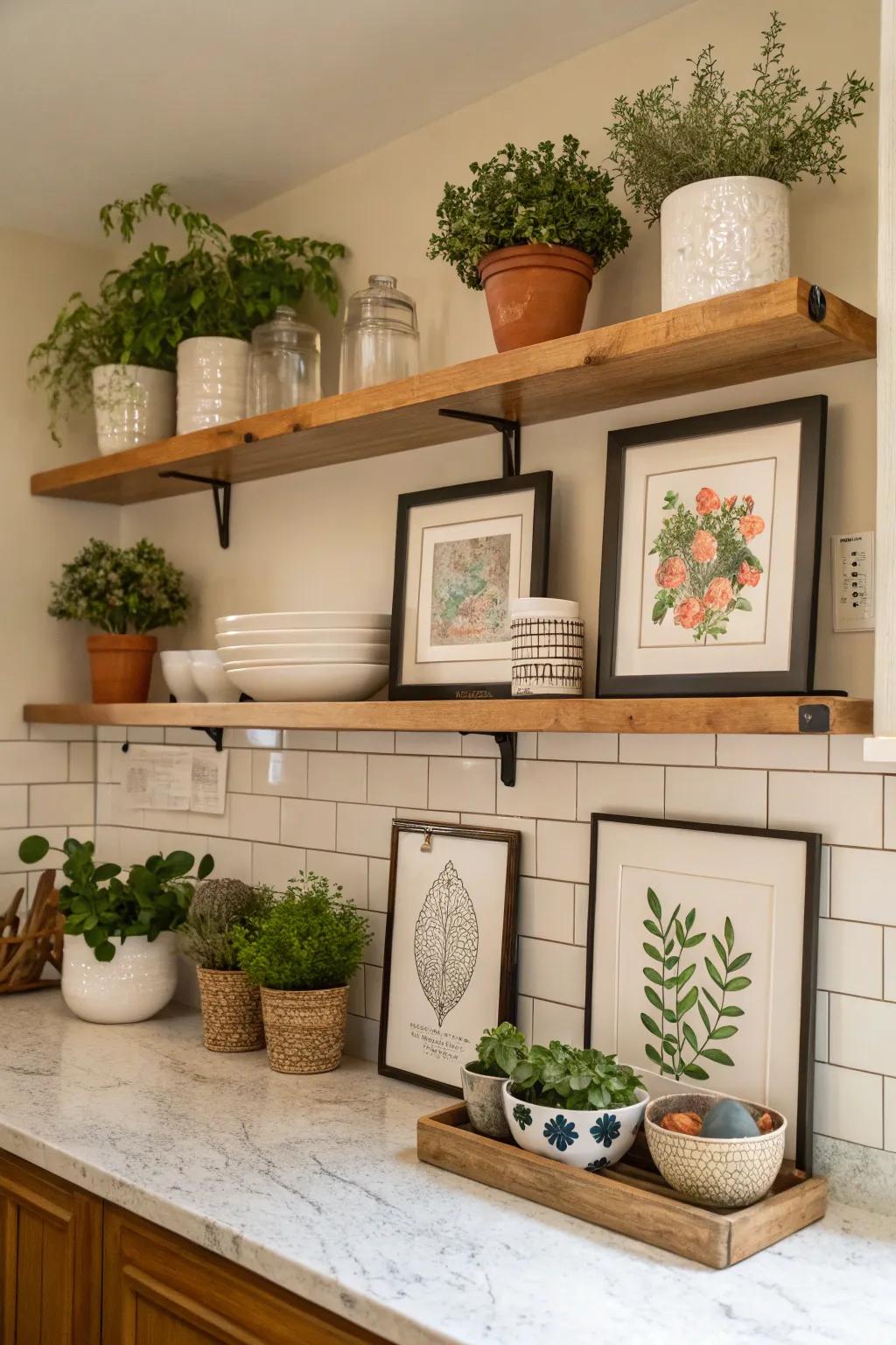 Ornamental shelves featuring flora and artistry.