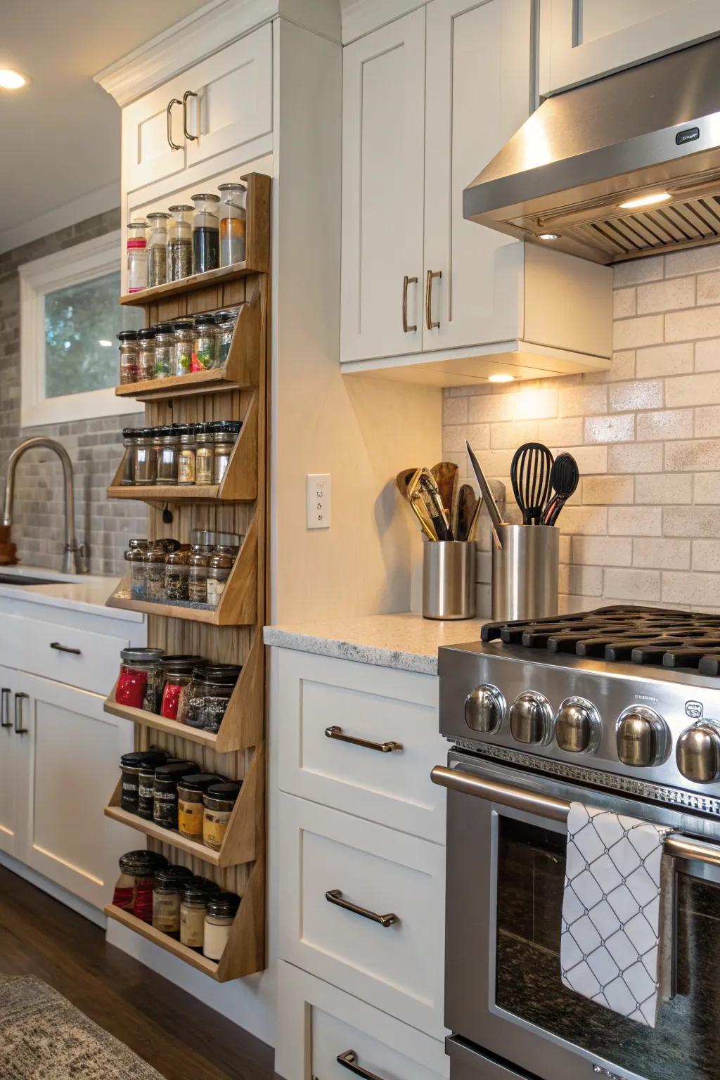 A functional and stylish kitchen with visually pleasing spice racks and tool holders.