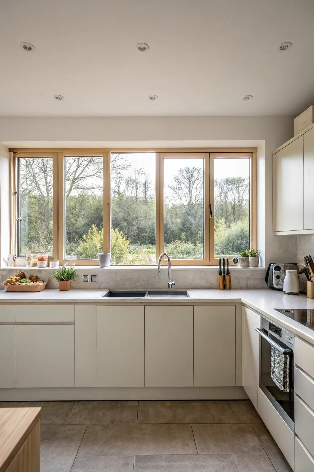 A sleek kitchen showcasing landscape sliding windows.