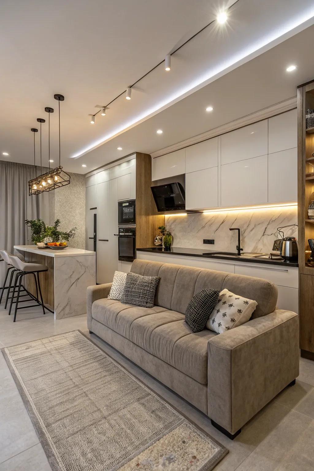 A stylish cooking area featuring a functional settee that enhances its elegant design.