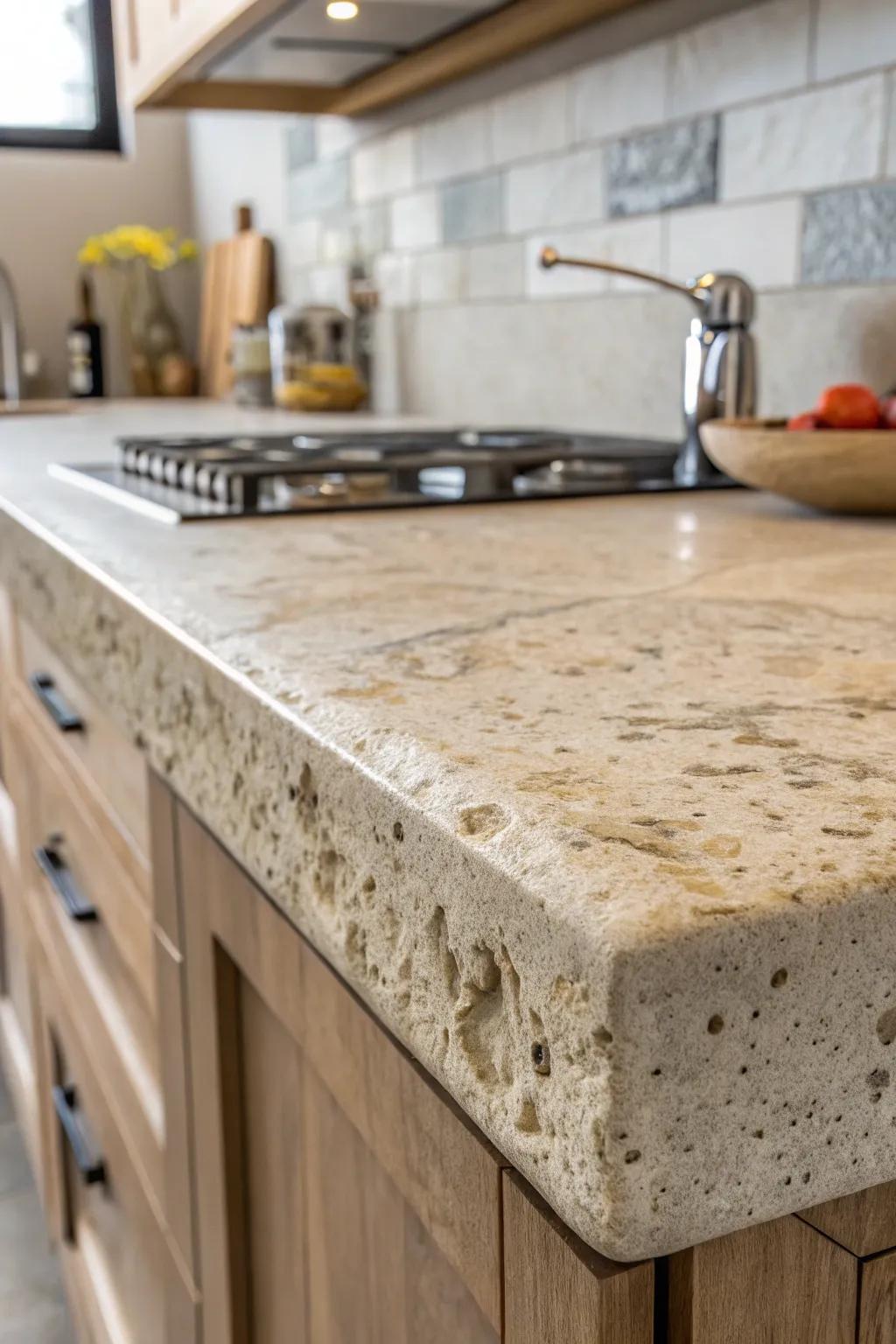 A close-up of textured concrete worktops adding depth to the kitchen.