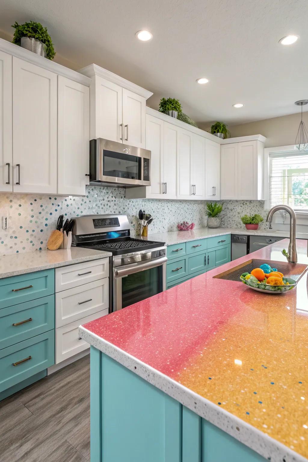 Pigmented quartz worktops imparting a burst of persona.