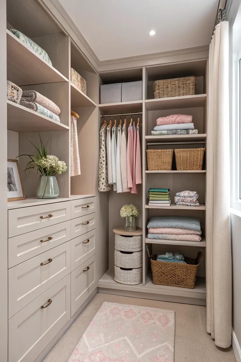A soothing color scheme enhances the tranquility of your closet.
