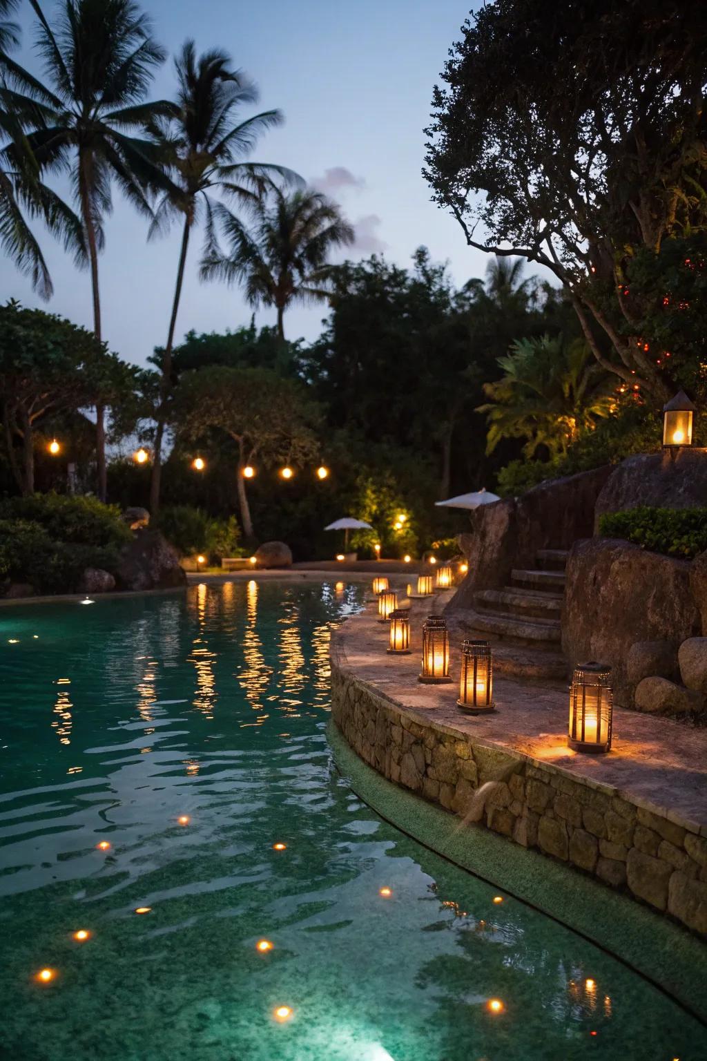 Soft illumination transforms lagoon pools into captivating nightscapes.