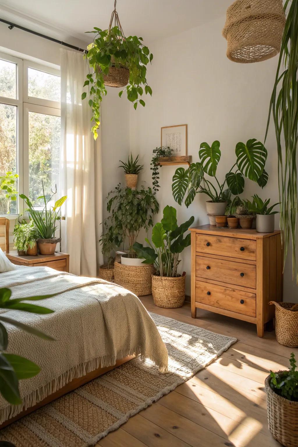 Natural decorative items bring a rejuvenating and lively essence to the bedroom.