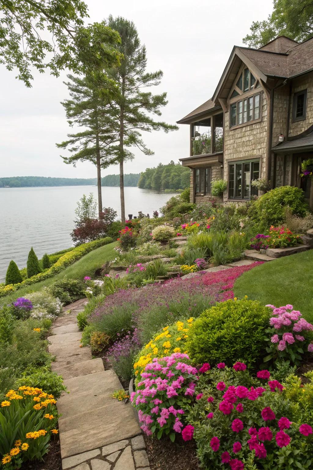 An abundant garden enhancing the lake house's natural splendor.