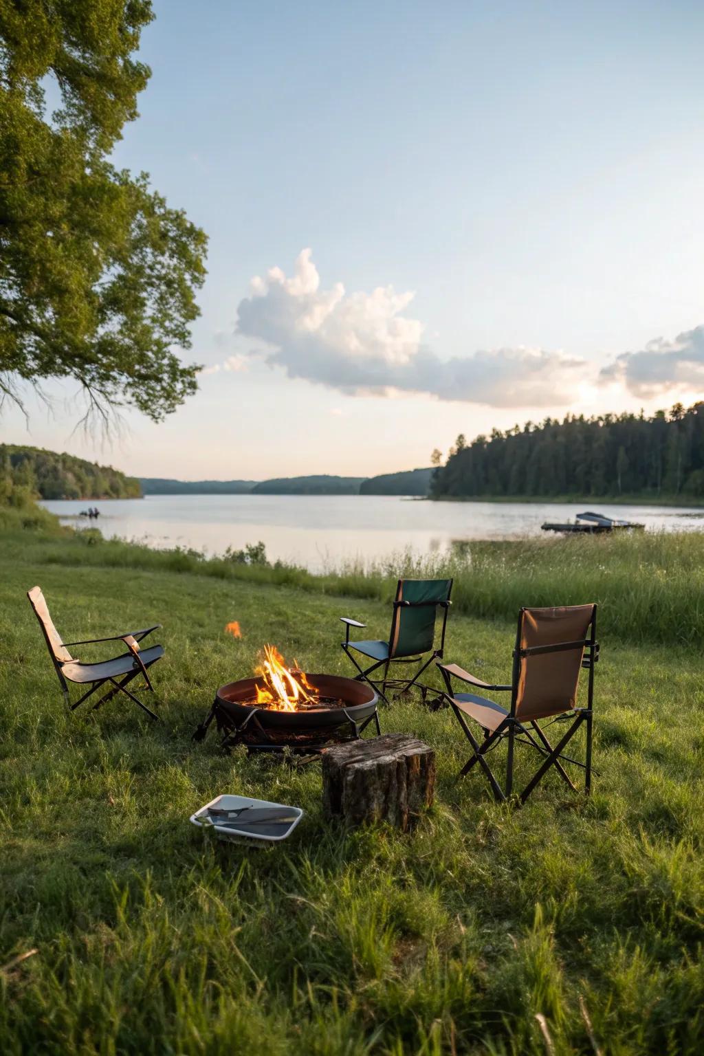 A moveable fire pit offers versatility and ease for any lakeside get-together.