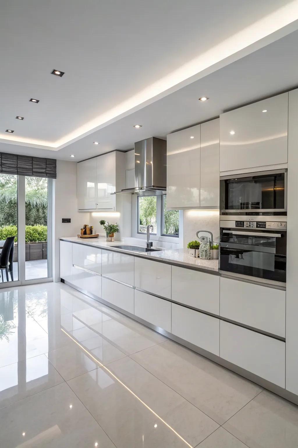 Shining composite finishes create a bright and luxurious kitchen space.