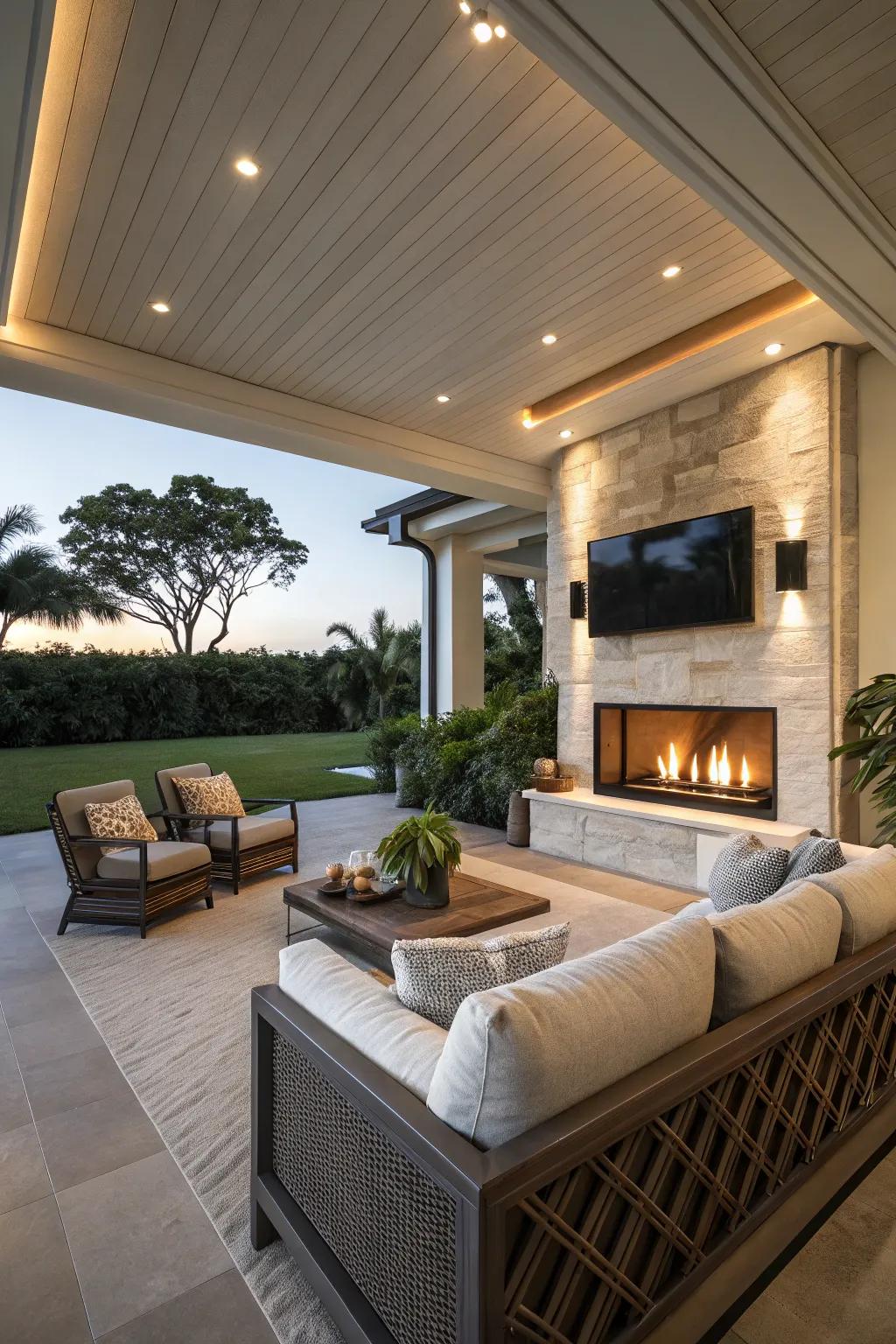 A fireplace warms this lanai, making it ideal for cool nights.