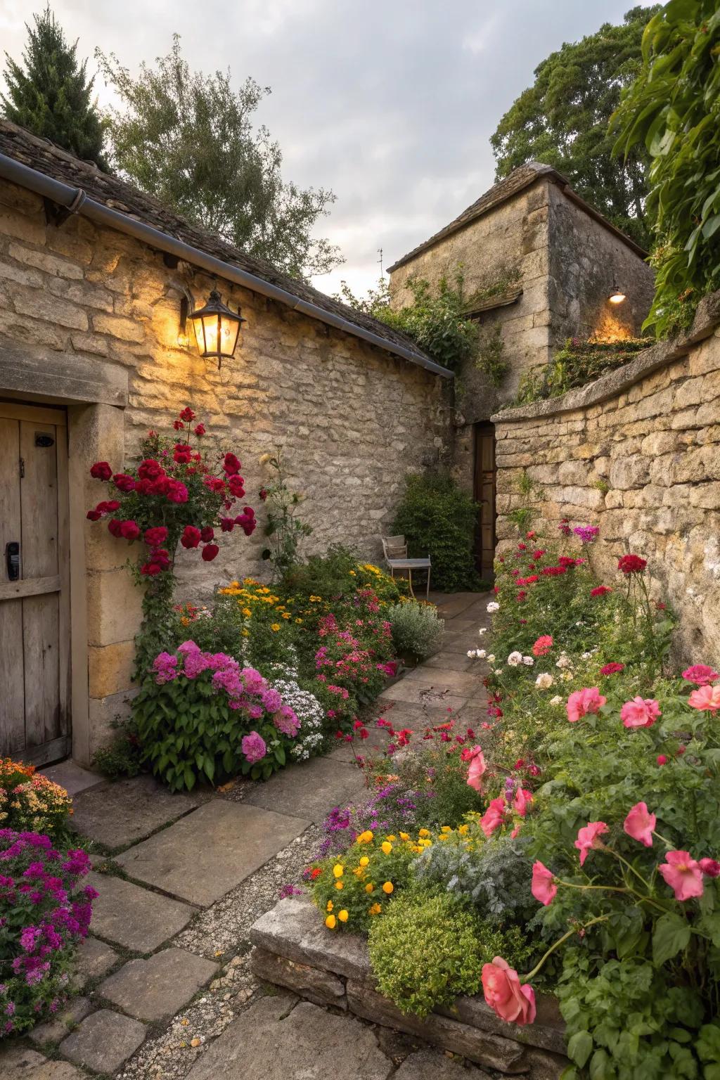 A stone barrier provides a rustic setting for vibrant flowers.