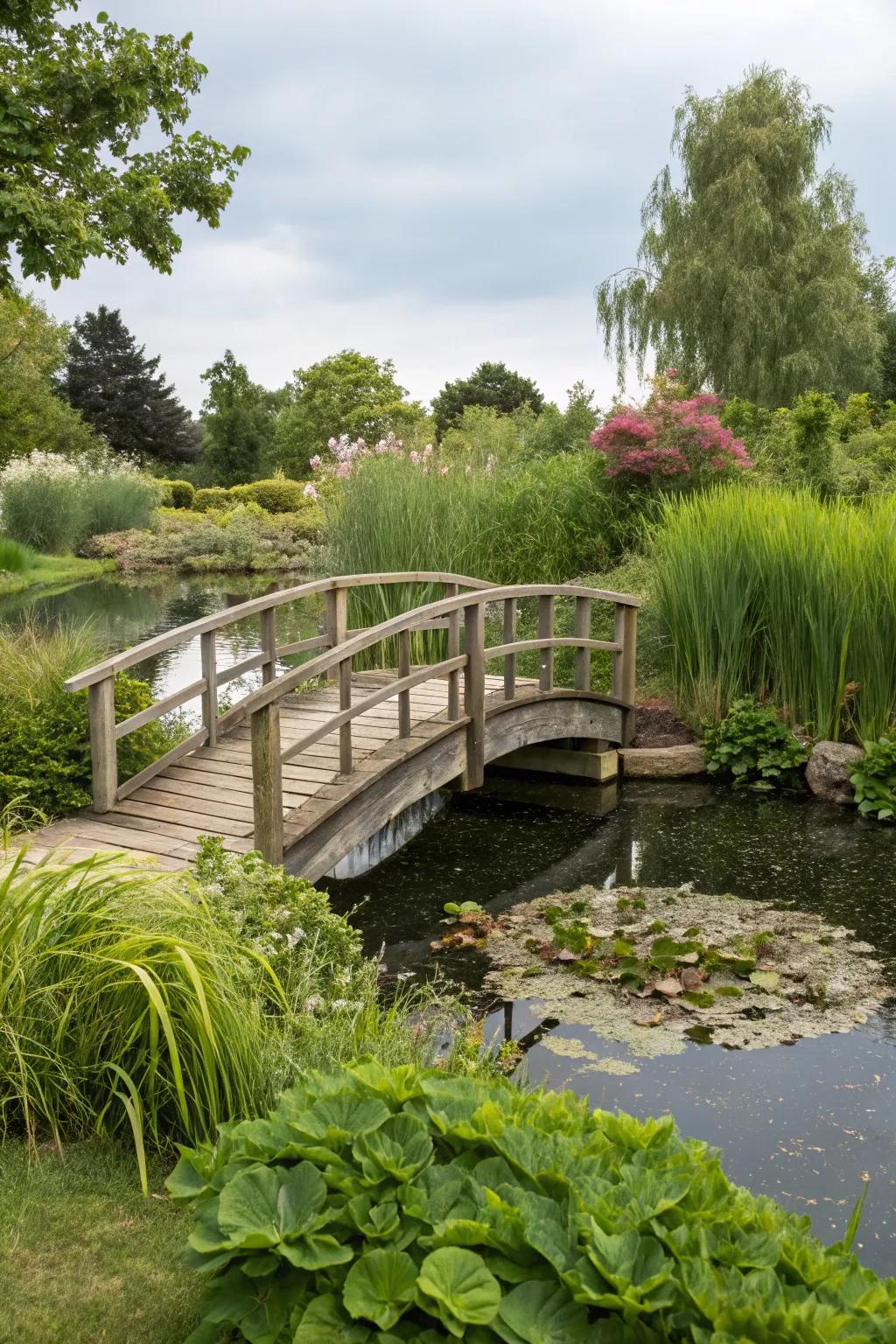 A plank bridge adds charm and purpose to your garden.