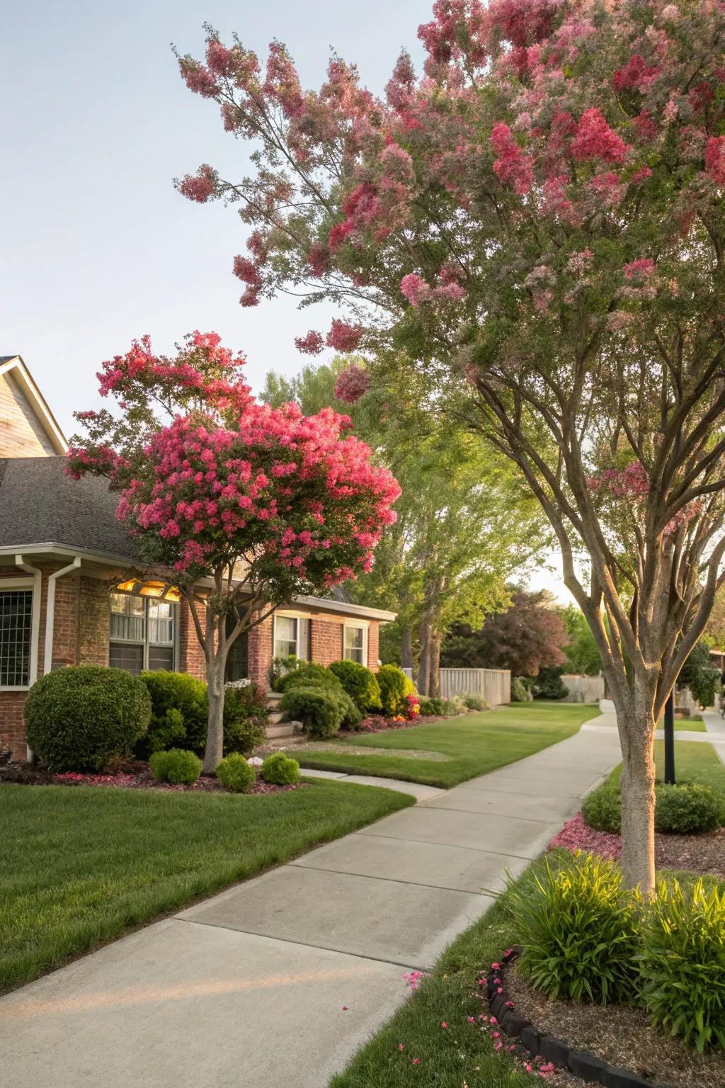 Small flowering trees inject height and central points of interest into the front yard landscape.