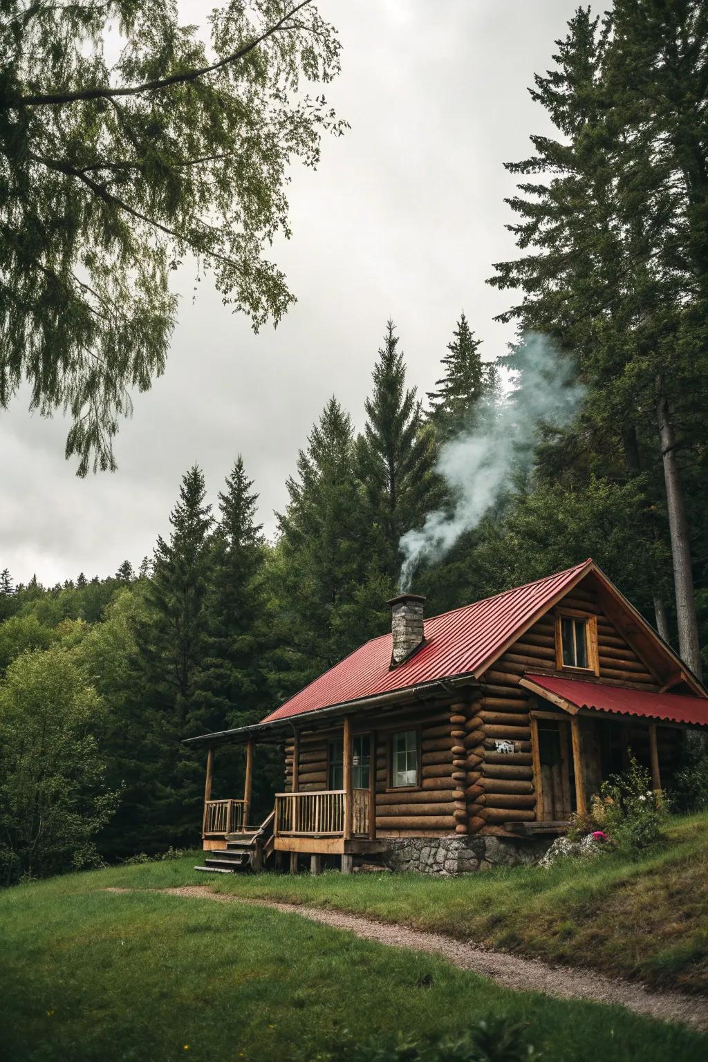An idyllic timber cabin nestled within the forest.