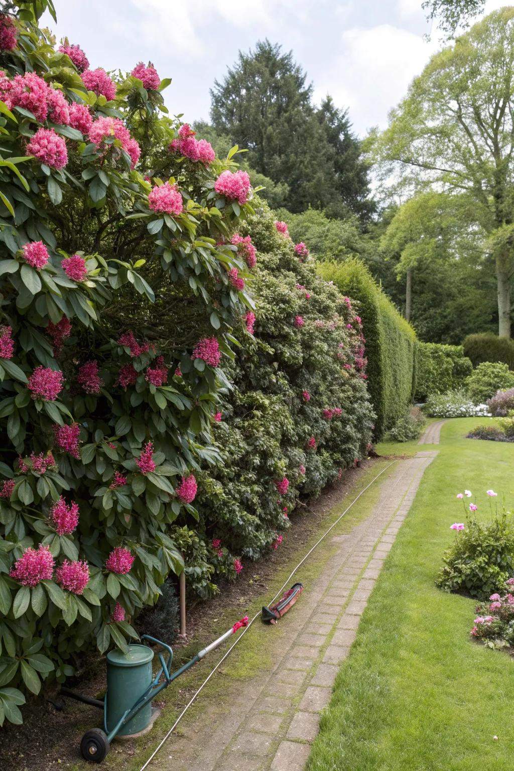 An abundant rhododendron boundary offering garden privacy.