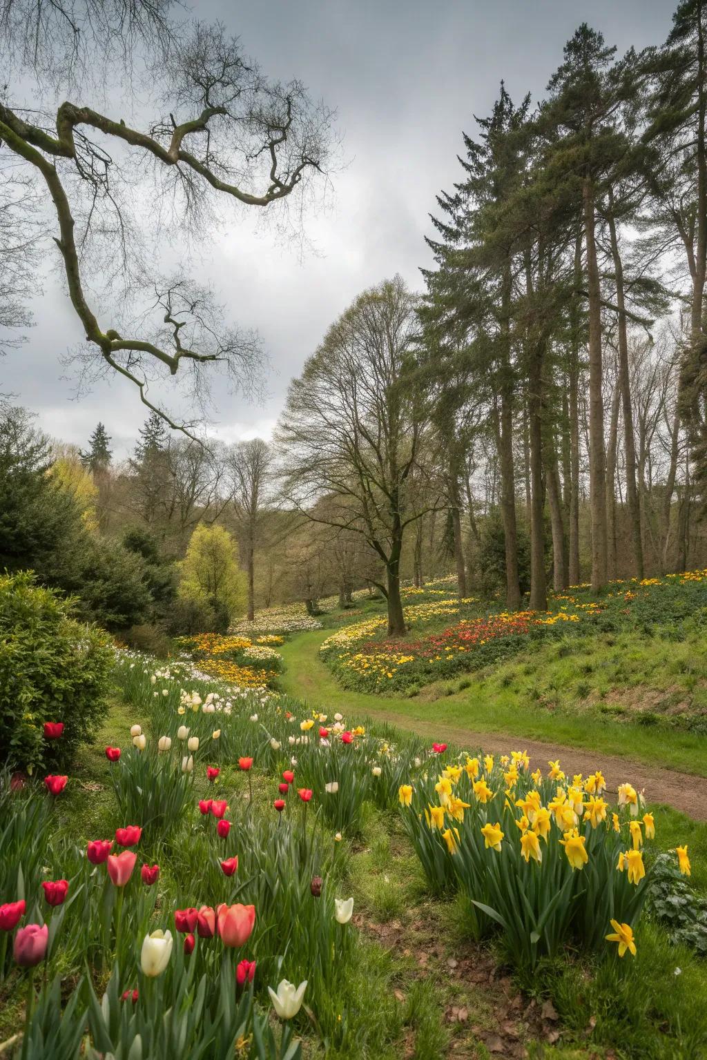 A natural garden arrangement with tulips and daffodils harmonizing with the landscape.