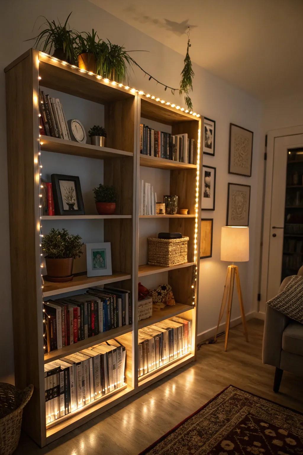 Focused lighting emphasizes the allure of this elegantly arranged bookshelf design.