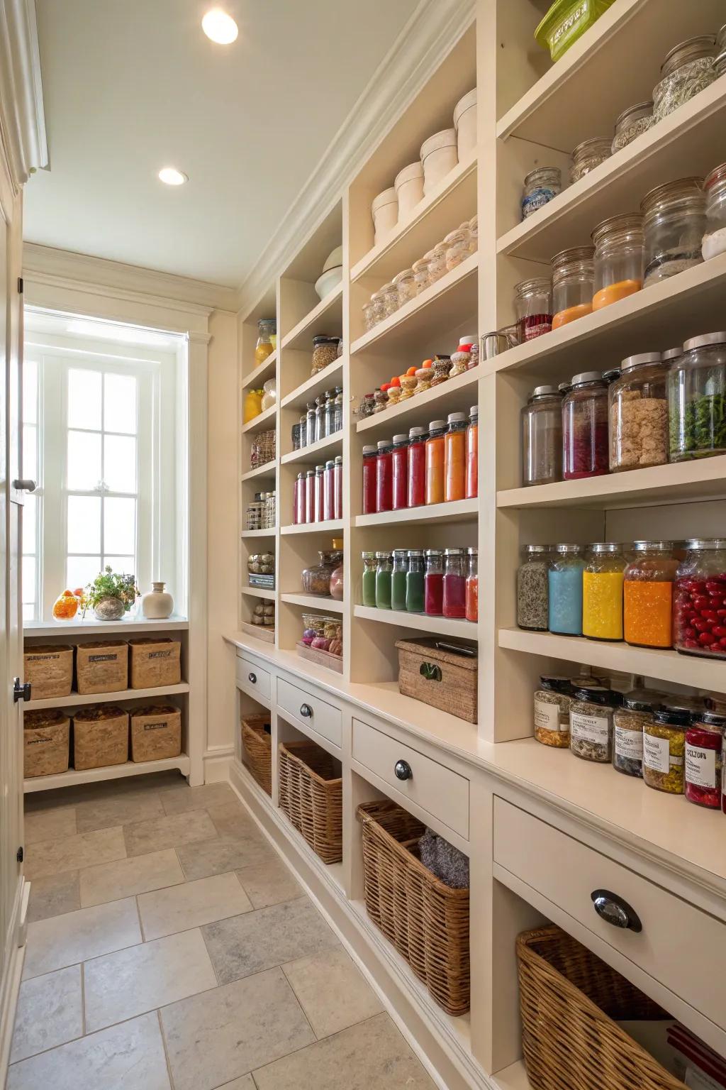 A well-organized walk-in pantry, ideal for maintaining a tidy large kitchen.