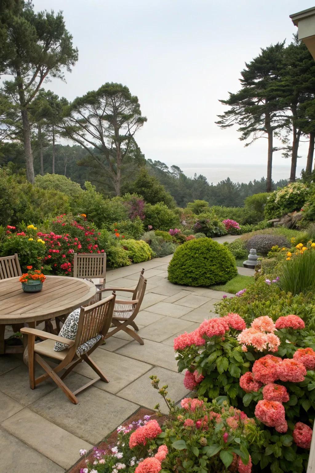 Lush greenery emphasizes the patio’s beauty.