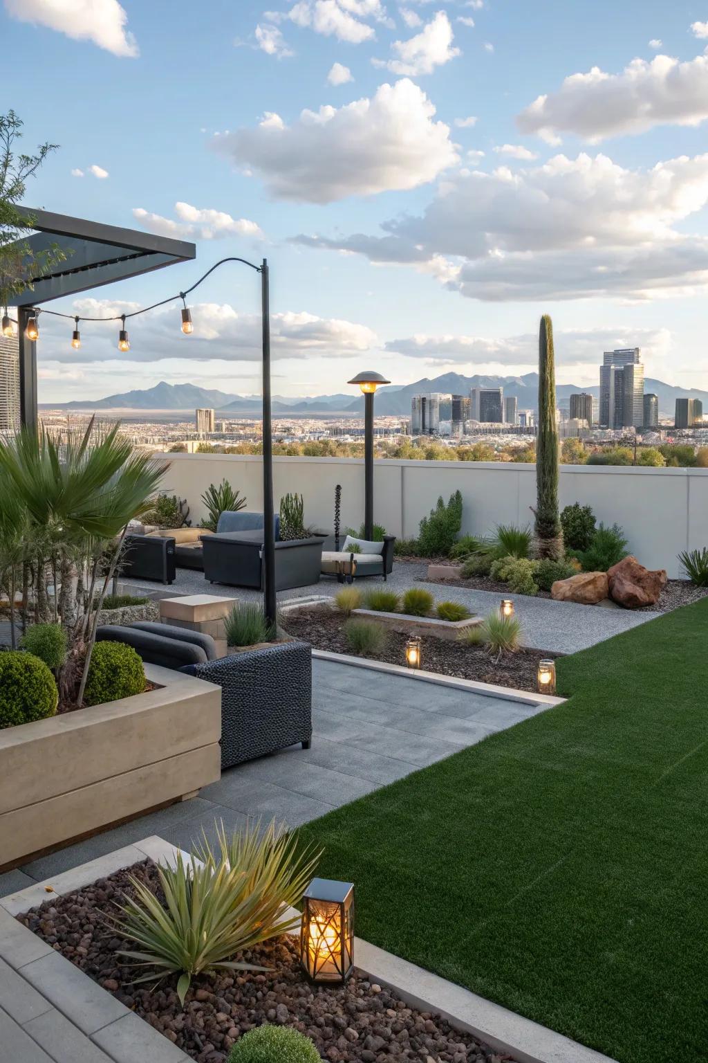 Verdant synthetic turf integrating seamlessly with xeriscaping elements in a Las Vegas backyard.
