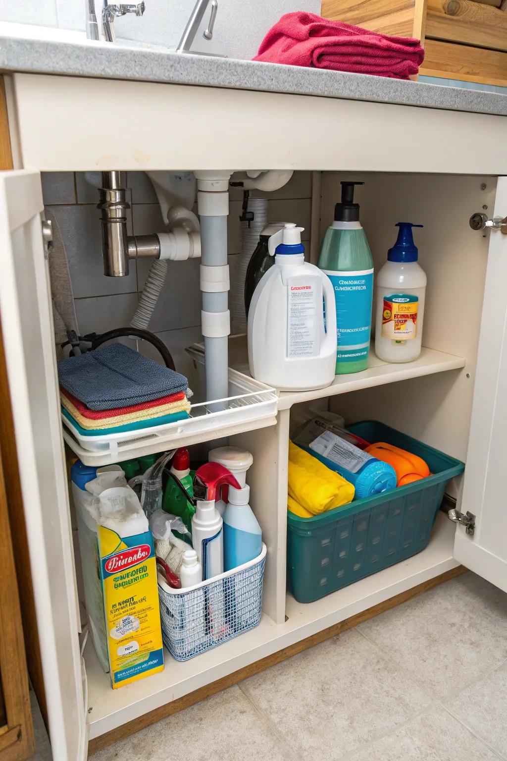 Make use of the space under your sink for hidden storage.