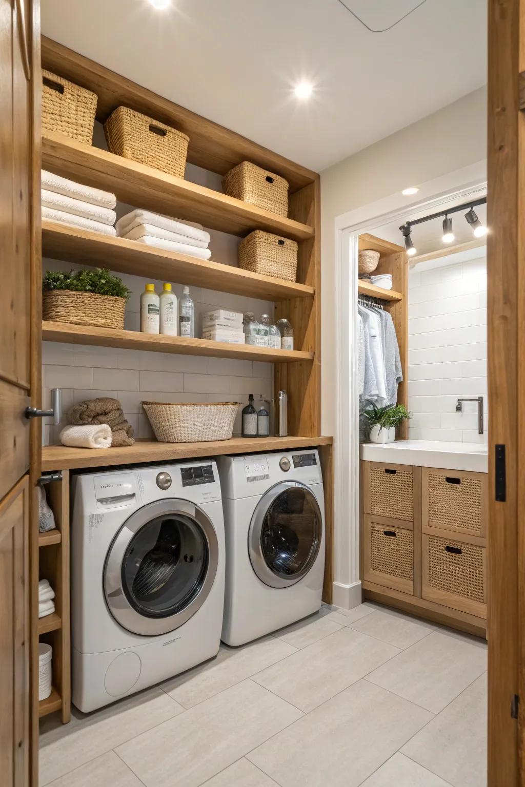 The modern laundry room is made cozier by the use of natural wood accents.