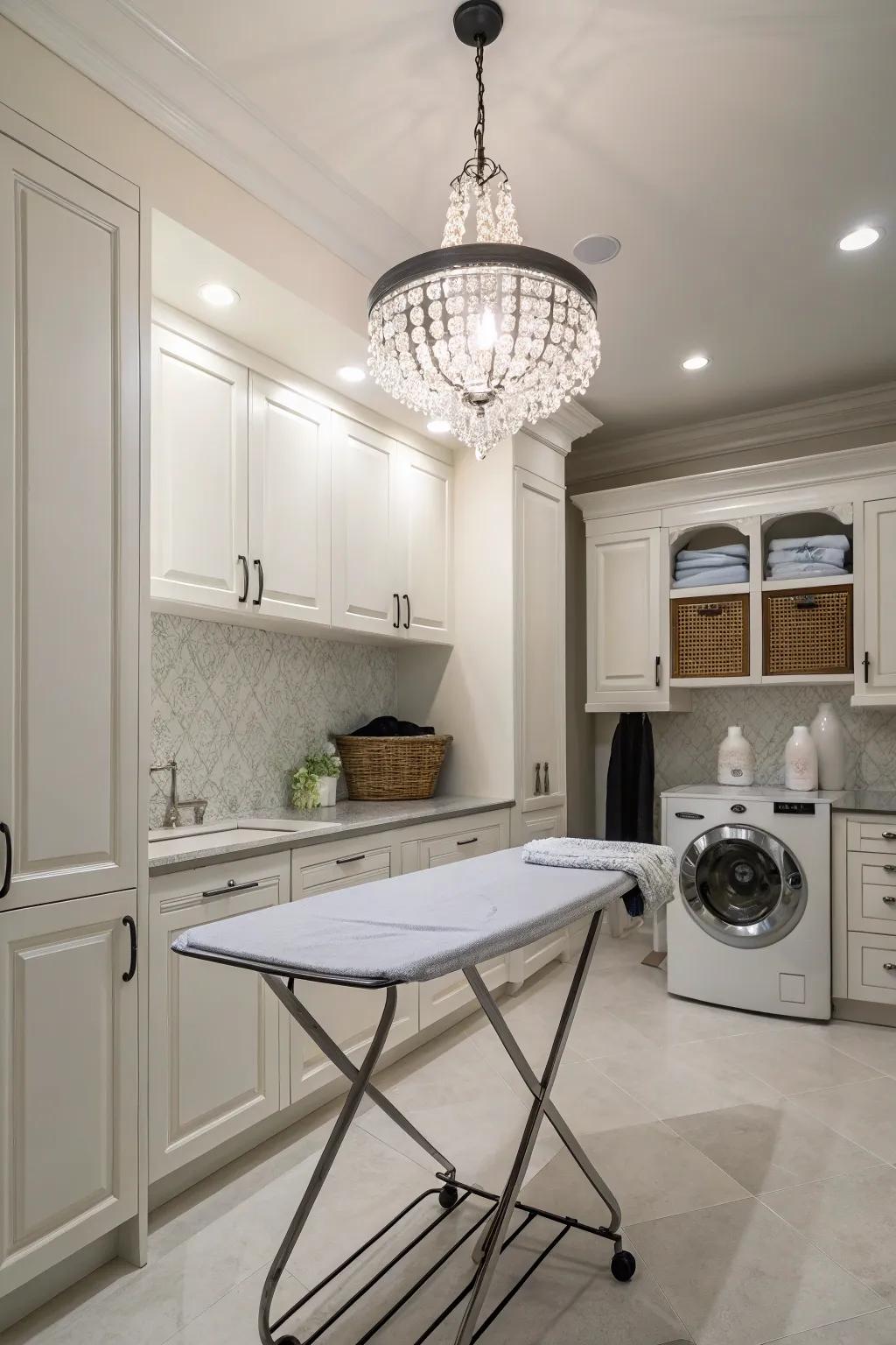 Chandeliers bring glamour to laundry spaces.
