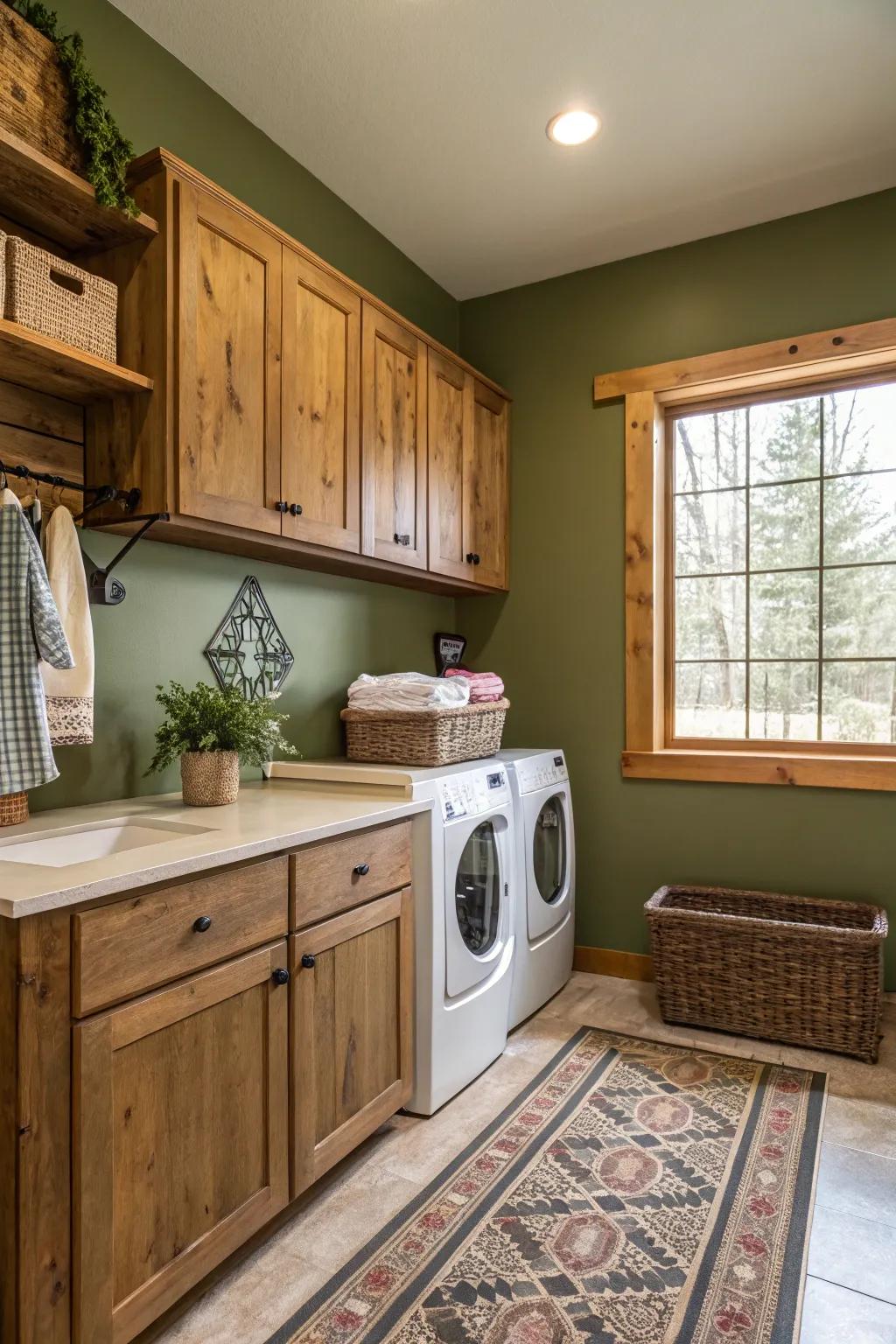 Forest green infuses grounded grace into your laundry space.
