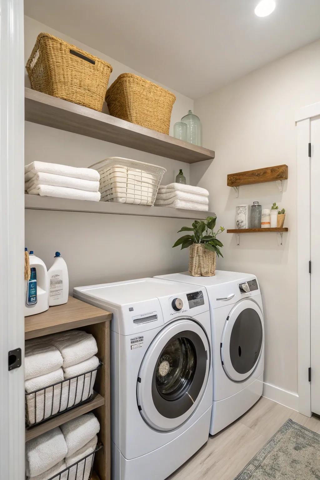 Uncomplicated shelving units create a clear and spacious laundry area.