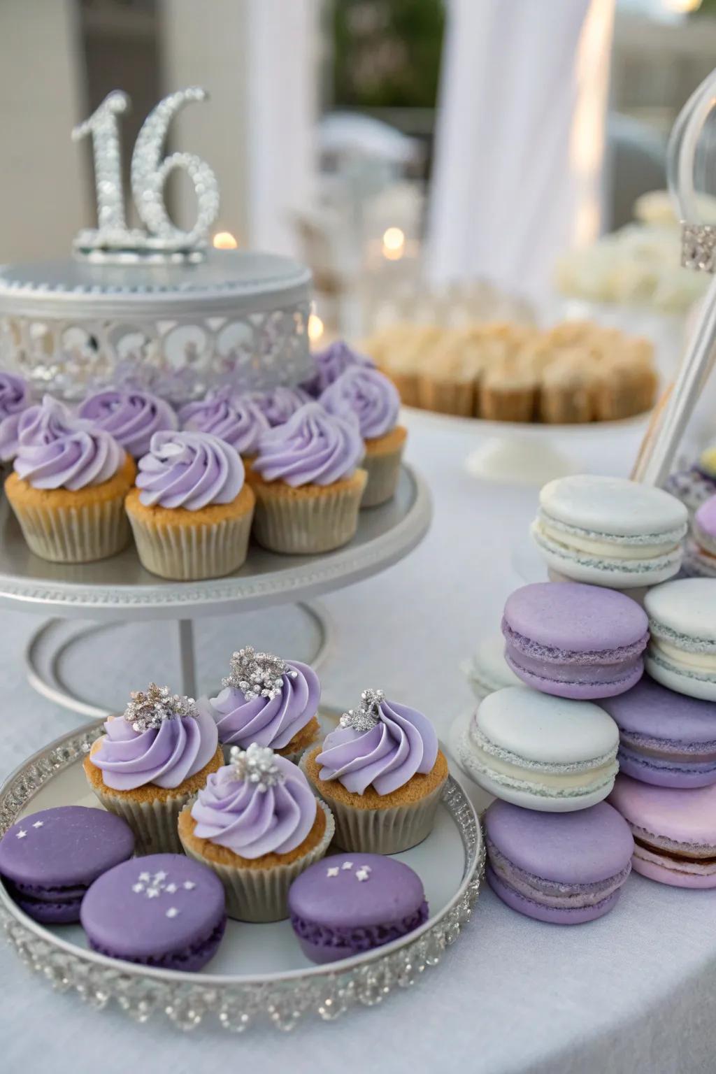 An enticing dessert table that flawlessly aligns with the party's designated color scheme.
