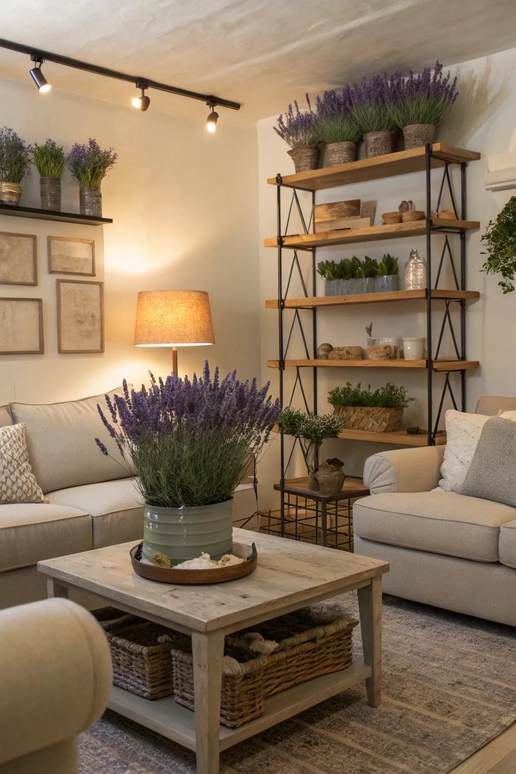 A serene living room accentuated with lavender.
