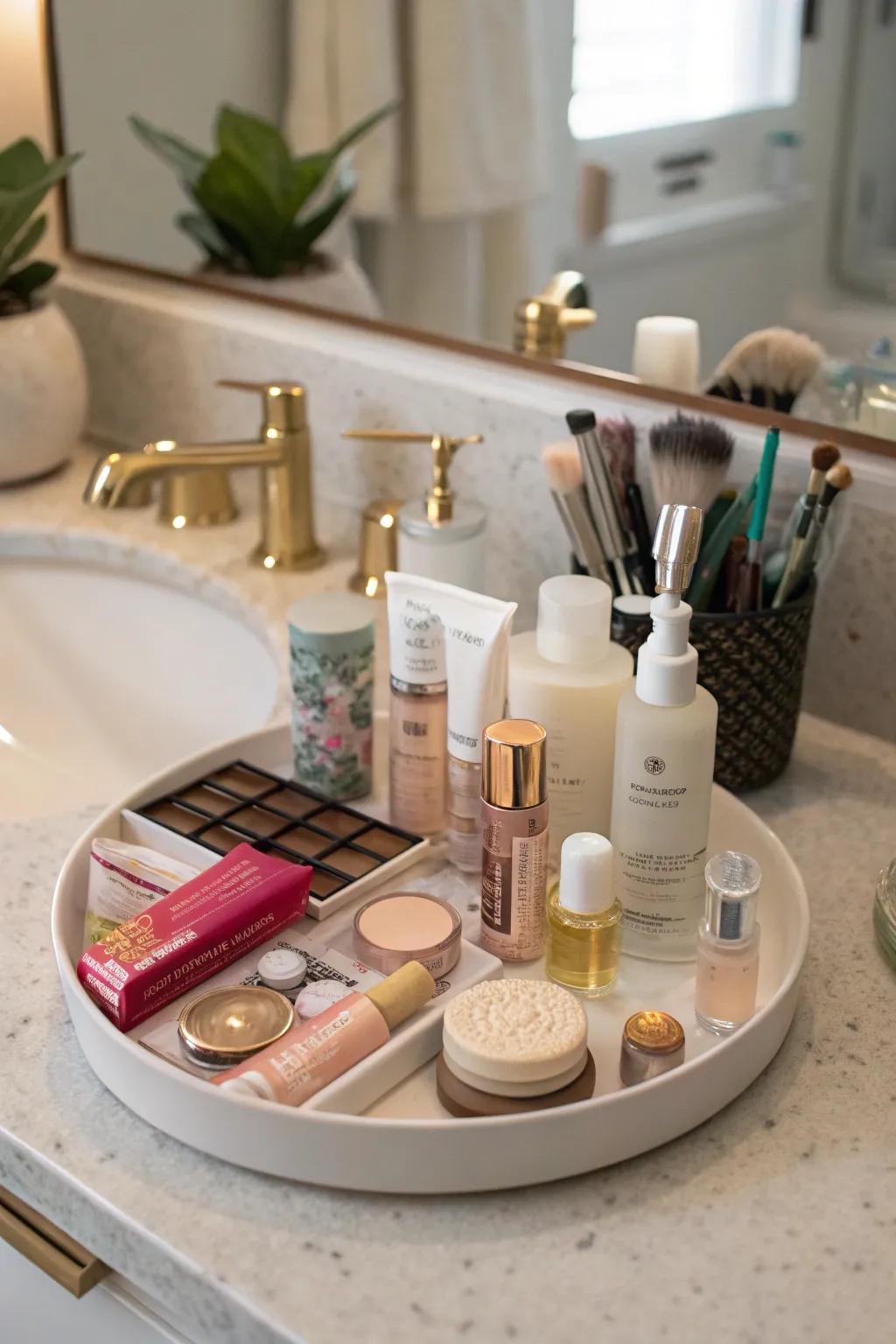 A tranquil bathroom counter showcasing a spinning organizer filled with beauty products.