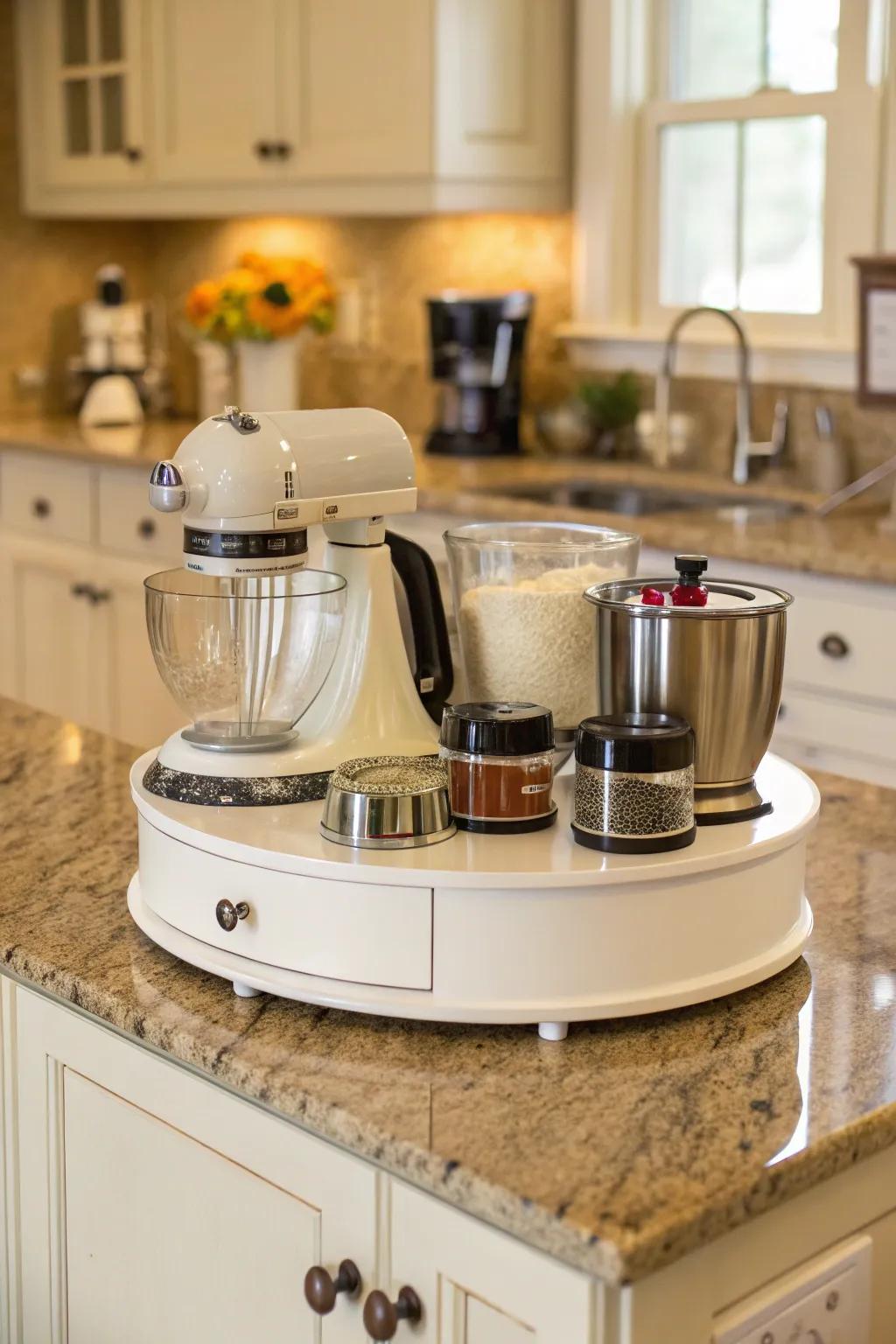 You can efficiently store your small kitchen appliances by using a Lazy Susan.