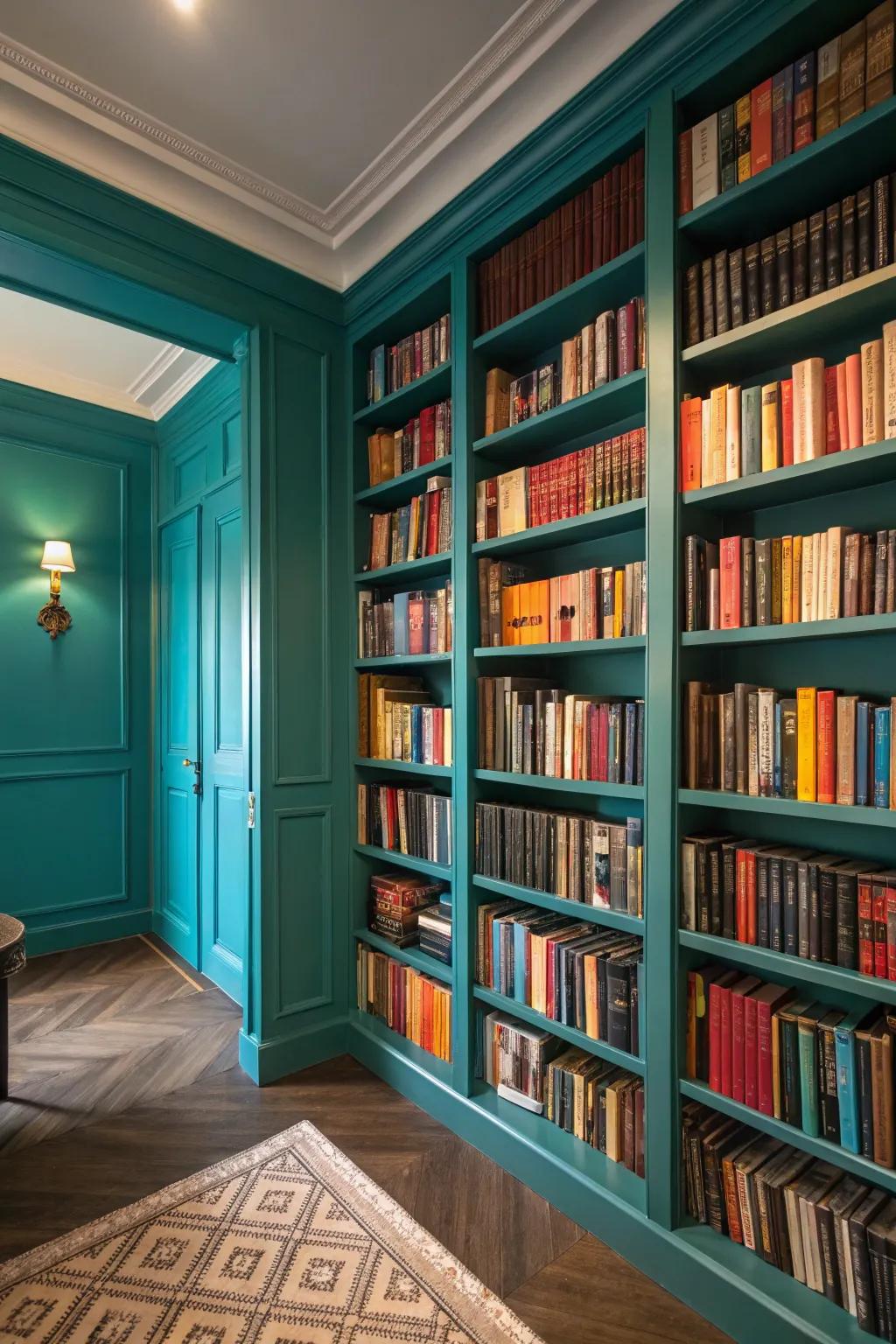 A vibrant library uses color to showcase the book collection.