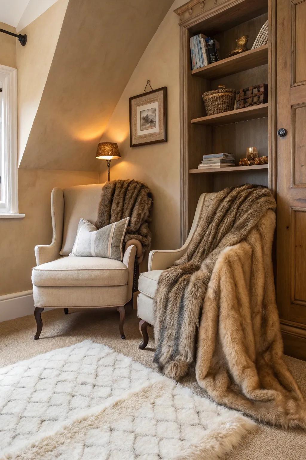 Comfortable materials transform this tan area into a restful haven.