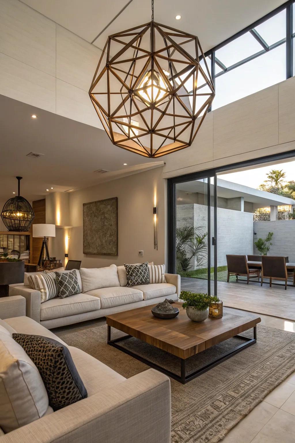 Sculptural illumination fixtures contribute artistic elegance to any setting.
