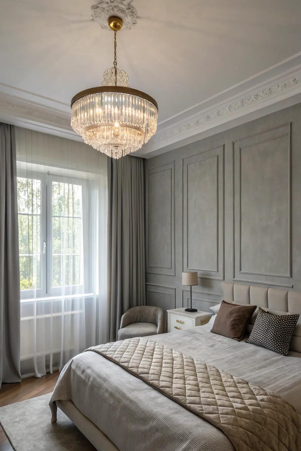 A modern chandelier introduces elegance to pale grey walls.