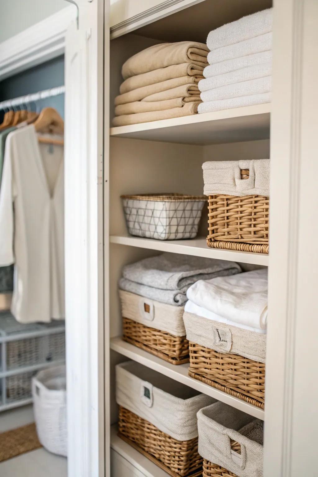 Exposed shelving accompanied by baskets maintains linens structured and readily accessible.