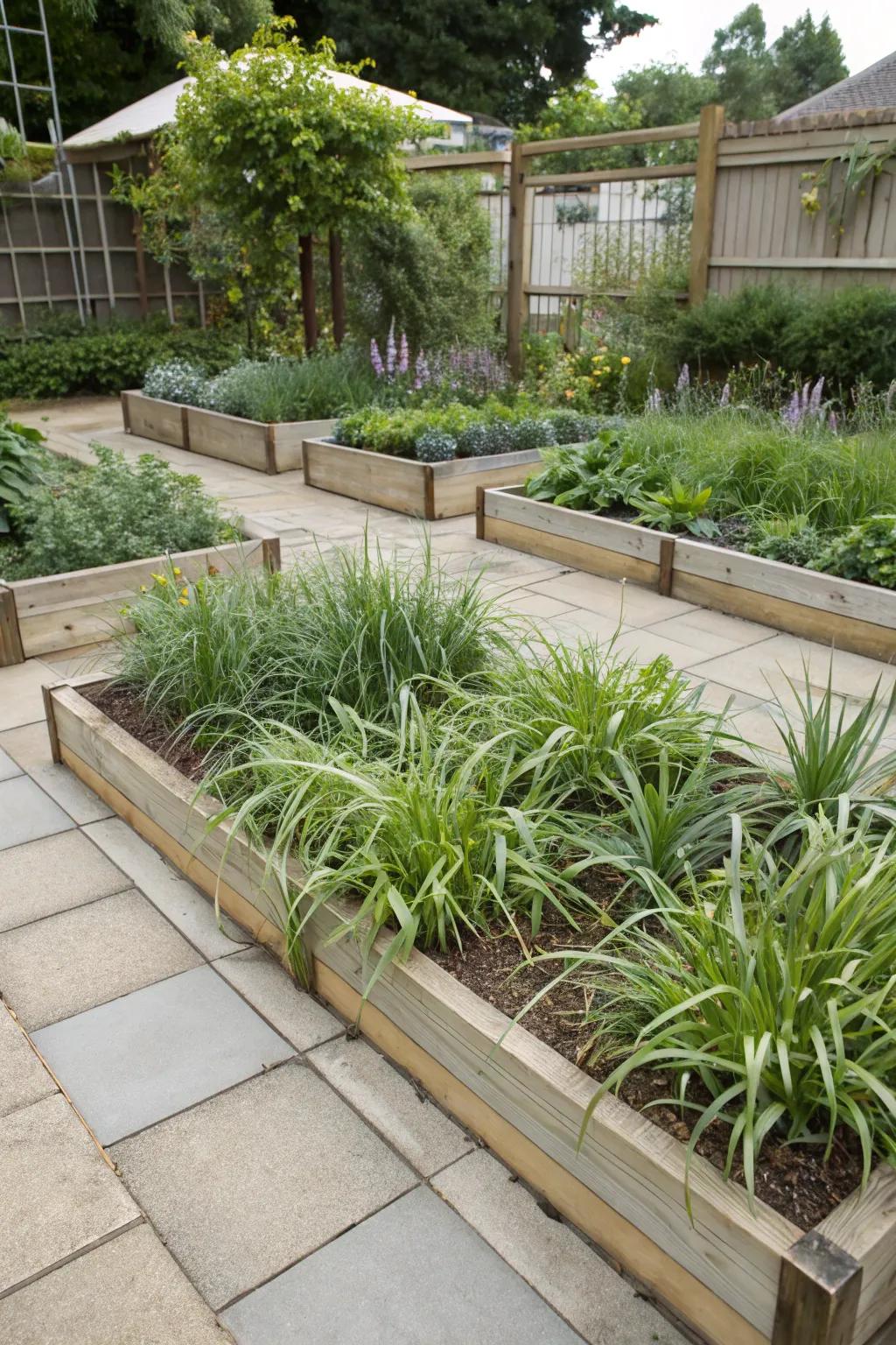 Elevated landscape beds with 'fountaingrass', highlighting vertical appeal.