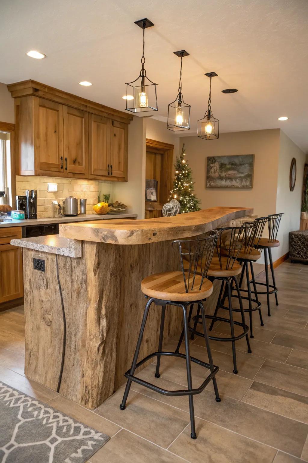 A natural-edge bar complemented by a mix of wooden and metallic seats, boosting its aesthetic.